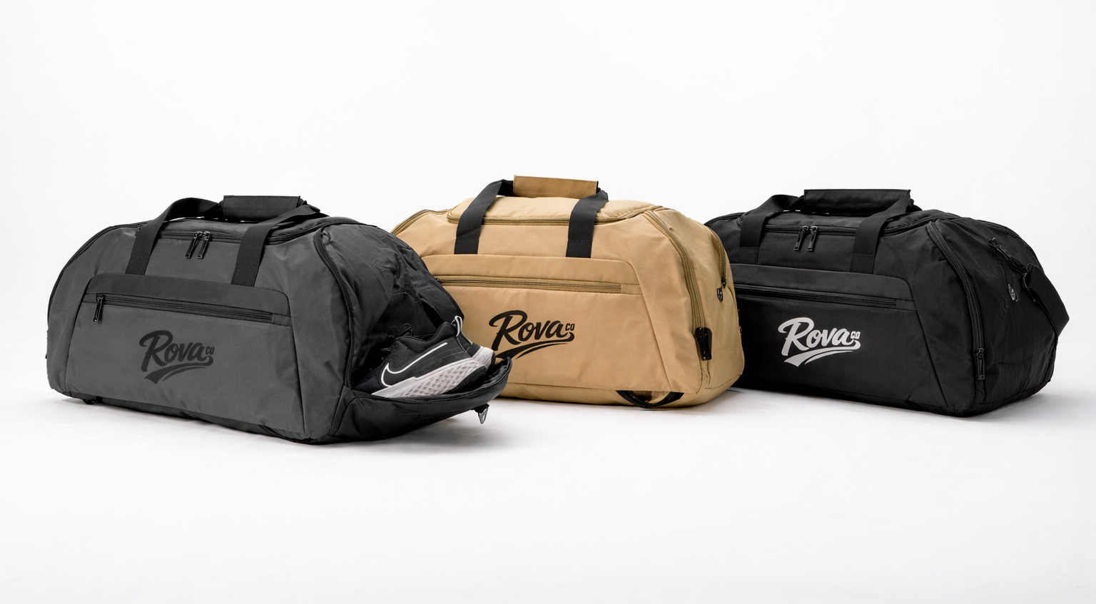 Three duffel bags in black, beige, and gray with 'Rova' branding on a white background.